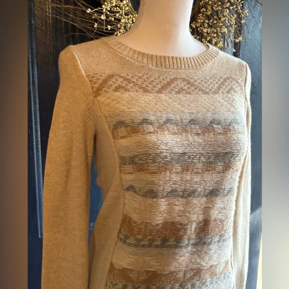 J. Crew Tan Brown Blue Knit Panel Wool Sweater NWOT